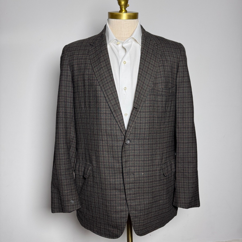 1970s Schwobilt Sport Coat Mens 38R Brown Check Plaid‎ Vintage 2-Button Blazer
